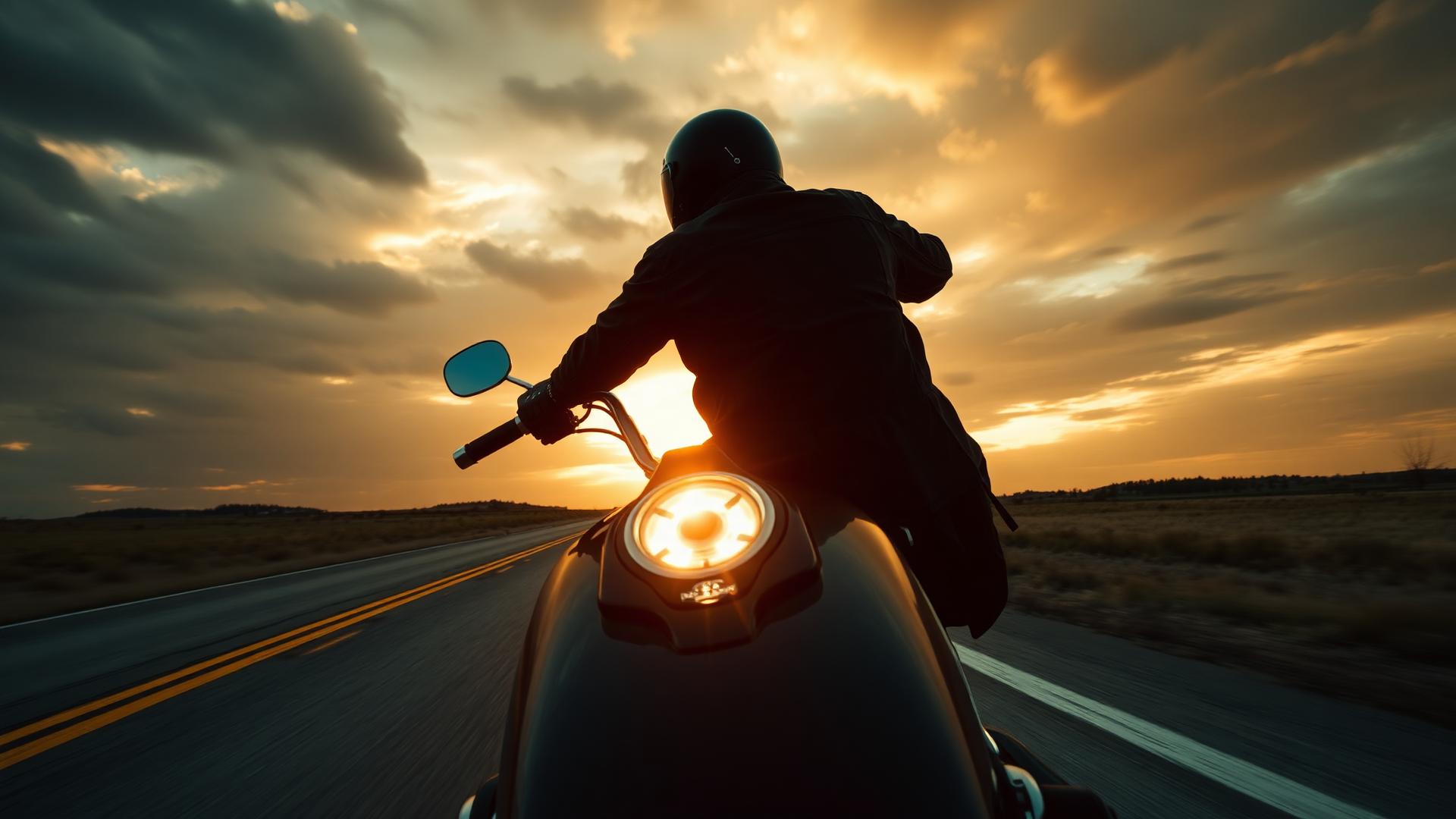 Lennell riding on an open highway at sunset